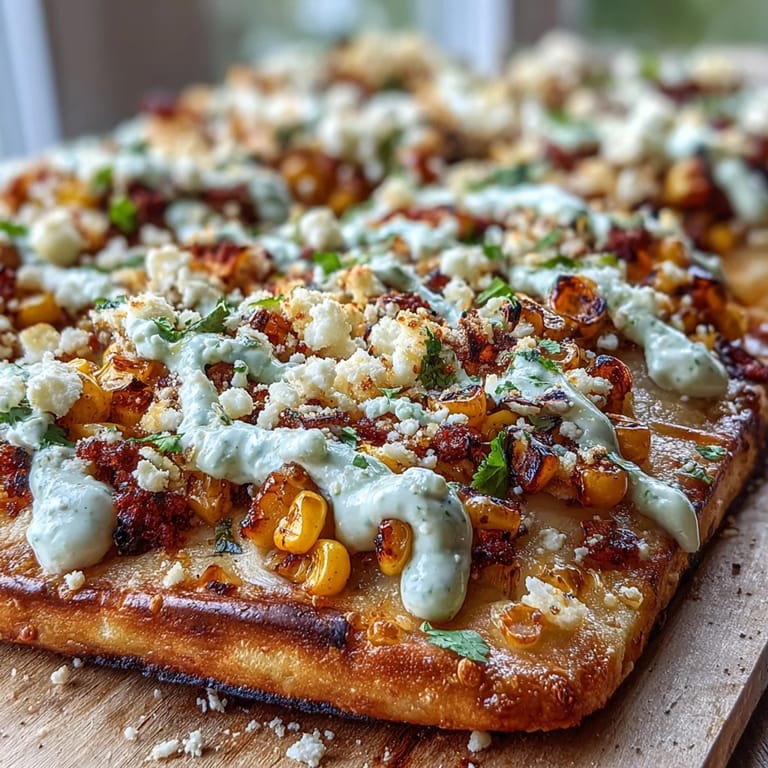 Savory street corn flatbread, perfectly charred, drizzled with spicy jalapeño crema.