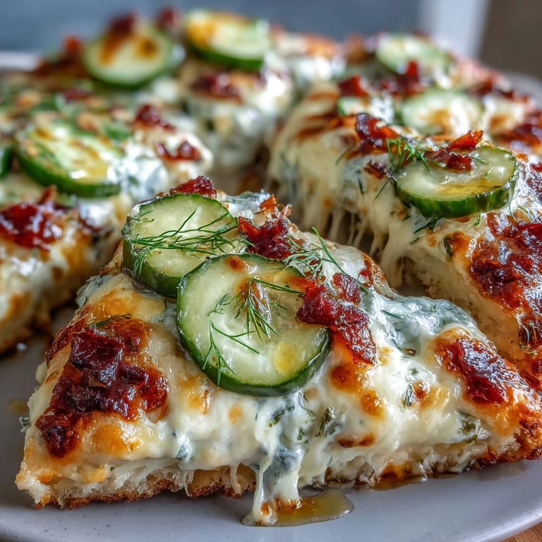 Tangy pickle pizza flatbread with melty cheese and creamy garlic ranch drizzle.