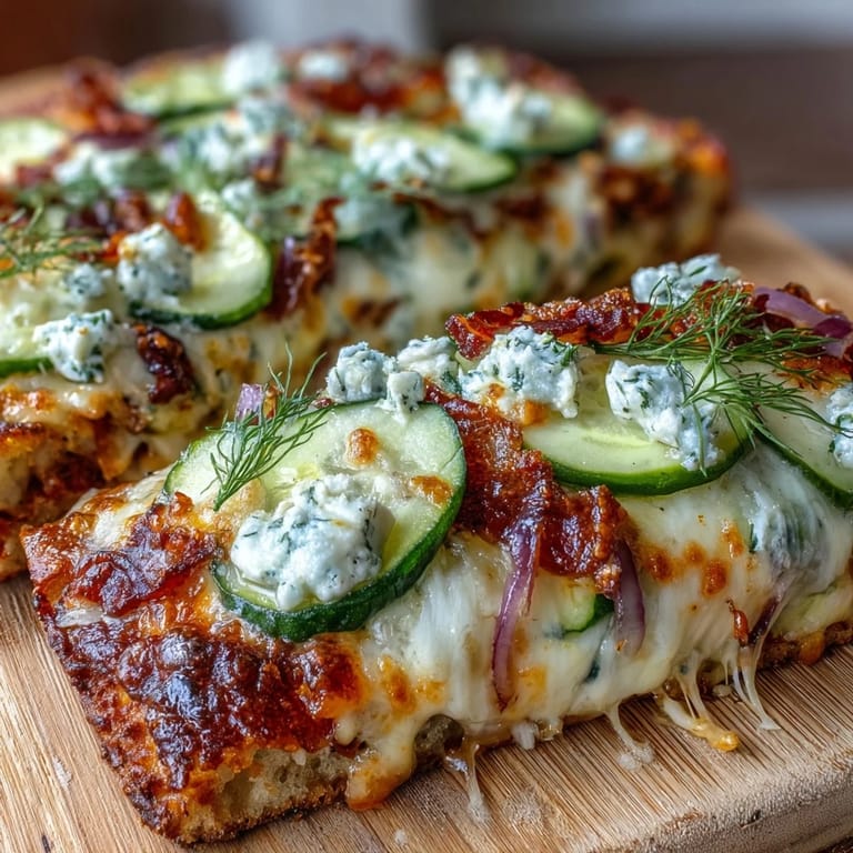 Golden pickle pizza flatbread, hot from oven, topped with zesty pickles.