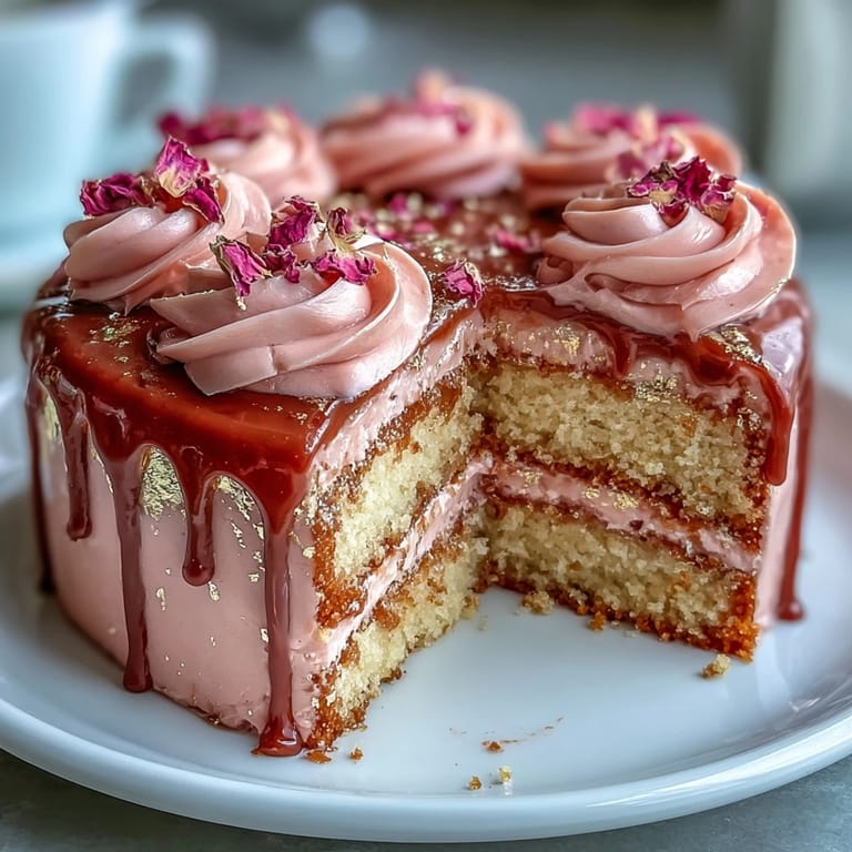 Soft pink rosé velvet cake, featuring a beautiful golden glaze cascading down.