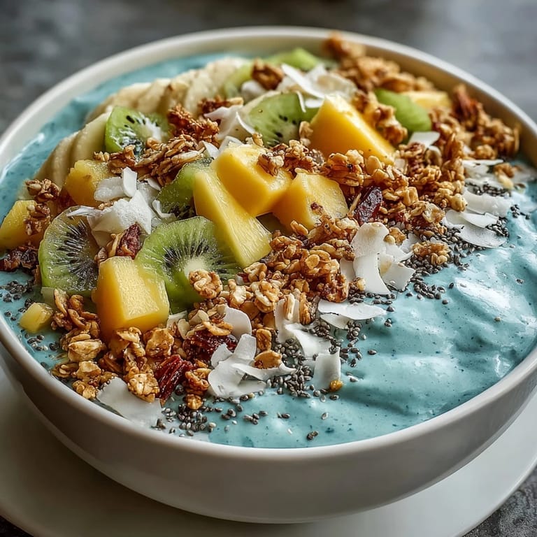 Creamy blue spirulina smoothie bowl bursting with mango, kiwi, and pineapple goodness.