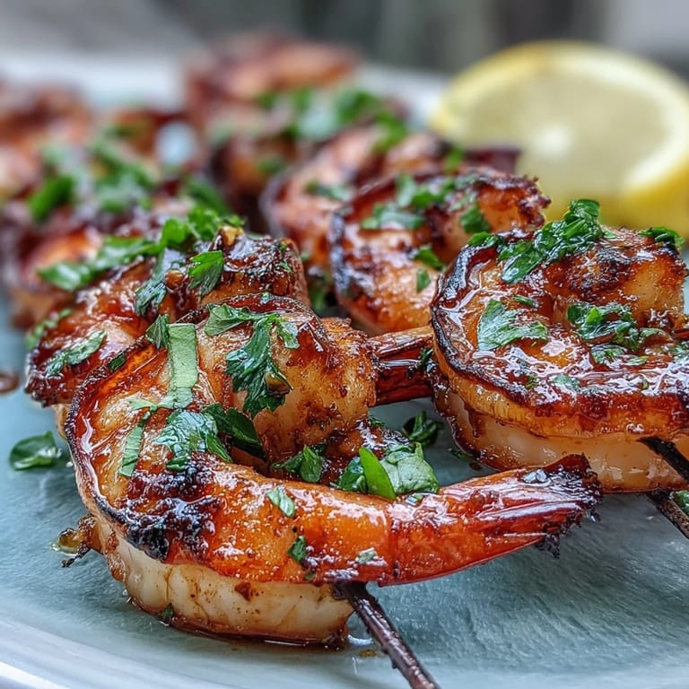 Deliciously caramelized honey garlic shrimp skewers, perfect for summer grilling.