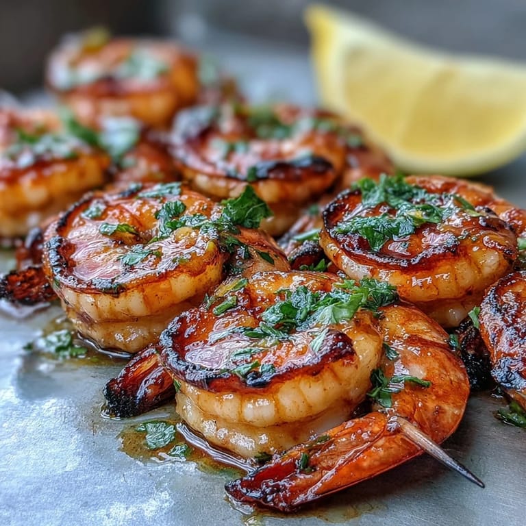 Platter of juicy grilled honey garlic shrimp skewers, ready for serving.