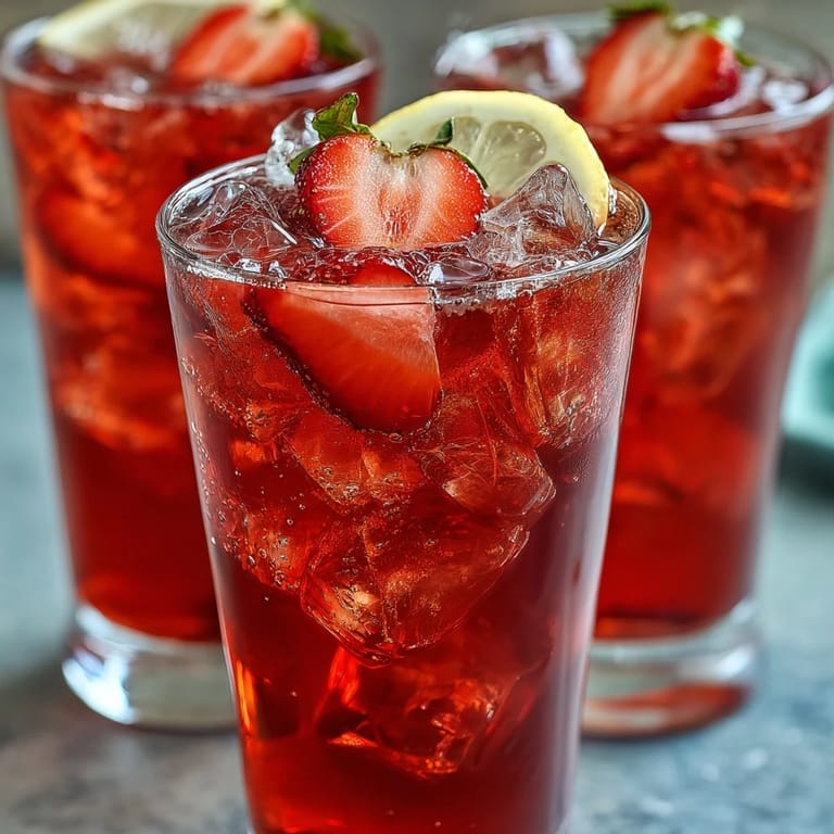 Vibrant Juneteenth Red Drink: Hibiscus Strawberry Lemonade, bursting strawberry lemon flavor.