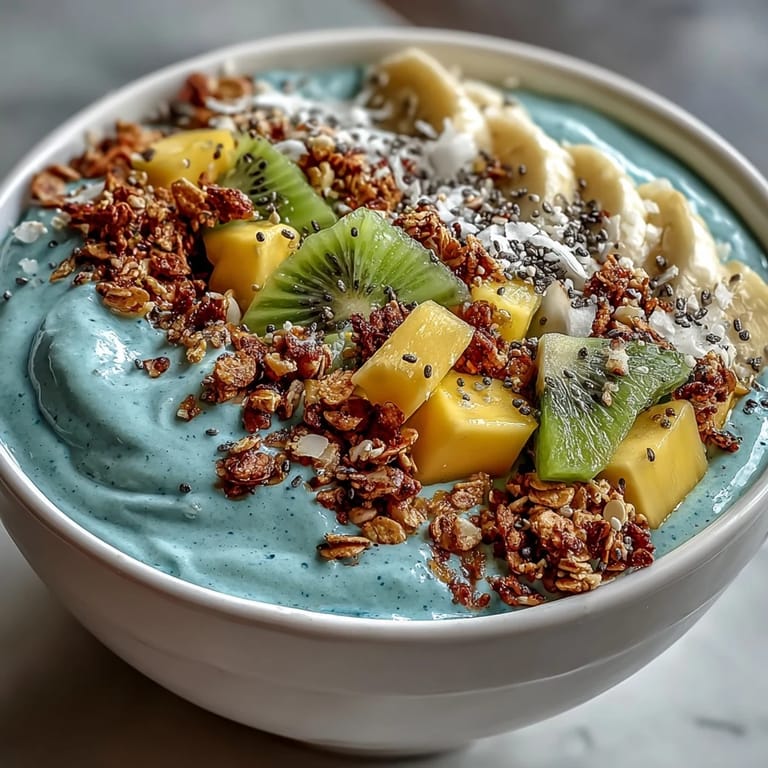 Energizing blue spirulina smoothie bowl, a perfect, beautiful, and healthy breakfast option.