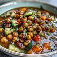 A close-up of Spiced Chickpea and Vegetable Soup, showcasing tender kale, roasted chickpeas, and vibrant vegetables in a rich golden broth, garnished with fresh cilantro.