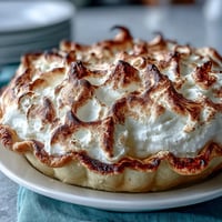 Freshly baked Lemon Meringue Pie with a golden-brown torched topping and bright yellow citrus filling.