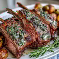 A close-up of One-Pan Roast Rack of Lamb and Green Olive Potatoes, showcasing juicy, herb-crusted lamb chops alongside golden roasted potatoes with bright green olives and fresh parsley. 