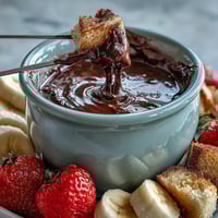 Creamy Boozy Chocolate Fondue with strawberries, pound cake, and pretzel sticks on a platter.