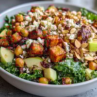 A vibrant fall harvest bowl with kale, wild rice, roasted sweet potatoes, Brussels sprouts, and crunchy almonds topped with creamy feta cheese.  