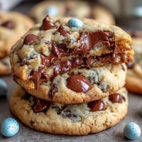 Festive Cadbury Mini Egg Easter Chocolate Chip Cookies loaded with colorful candy eggs and melty chocolate chips.