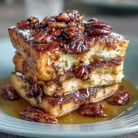 Fluffy baked pancake casserole drizzled with warm maple syrup and topped with chopped nuts for a sweet breakfast treat.