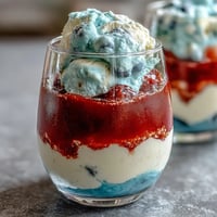 Red, white, and blue layered Jello cups in clear glasses, showcasing vibrant stripes perfect for patriotic parties.
