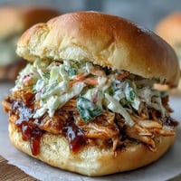 Juicy BBQ chicken sliders topped with crisp coleslaw on soft buns, perfect for 4th of July gatherings.  