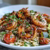 Bright lemon butter shrimp and orzo in a skillet with fresh zucchini and tomatoes, perfect for a quick summer dinner.
