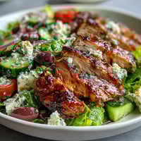 Greek Salad Bowl with Grilled Chicken: juicy chicken over crisp romaine, tomatoes, cucumbers, olives, and feta with tangy lemon-oregano dressing.  