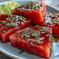 Watermelon slices dusted with Tajin and fresh lime juice offer a zesty, refreshing snack perfect for summer picnics.  