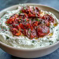 Creamy whipped feta dip with roasted cherry tomatoes, garnished with fresh basil and olive oil for a Mediterranean appetizer.  