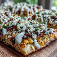 Festive Cinco de Mayo Street Corn Flatbread topped with charred corn and jalapeño crema.