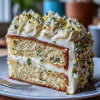 Bright Spring Birthday Lemon Pistachio Cake with creamy frosting and crunchy nuts.