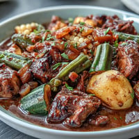 Hearty Kentucky Derby Burgoo Stew simmering richly with tender meats and vegetables.