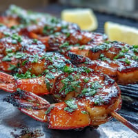 Close-up of glistening grilled honey garlic shrimp skewers with char marks.