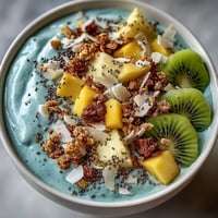 Vibrantly blue spirulina smoothie bowl topped with fresh, colorful tropical fruit.